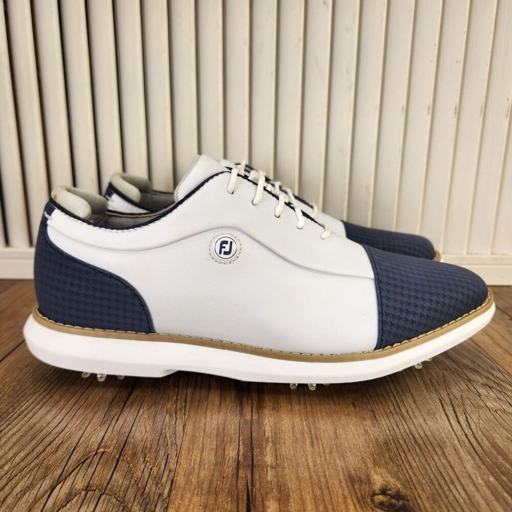 Footjoy Traditions Cap Toe Golf Shoes Womens Sz 7 M White Navy Blue Spiked 97911